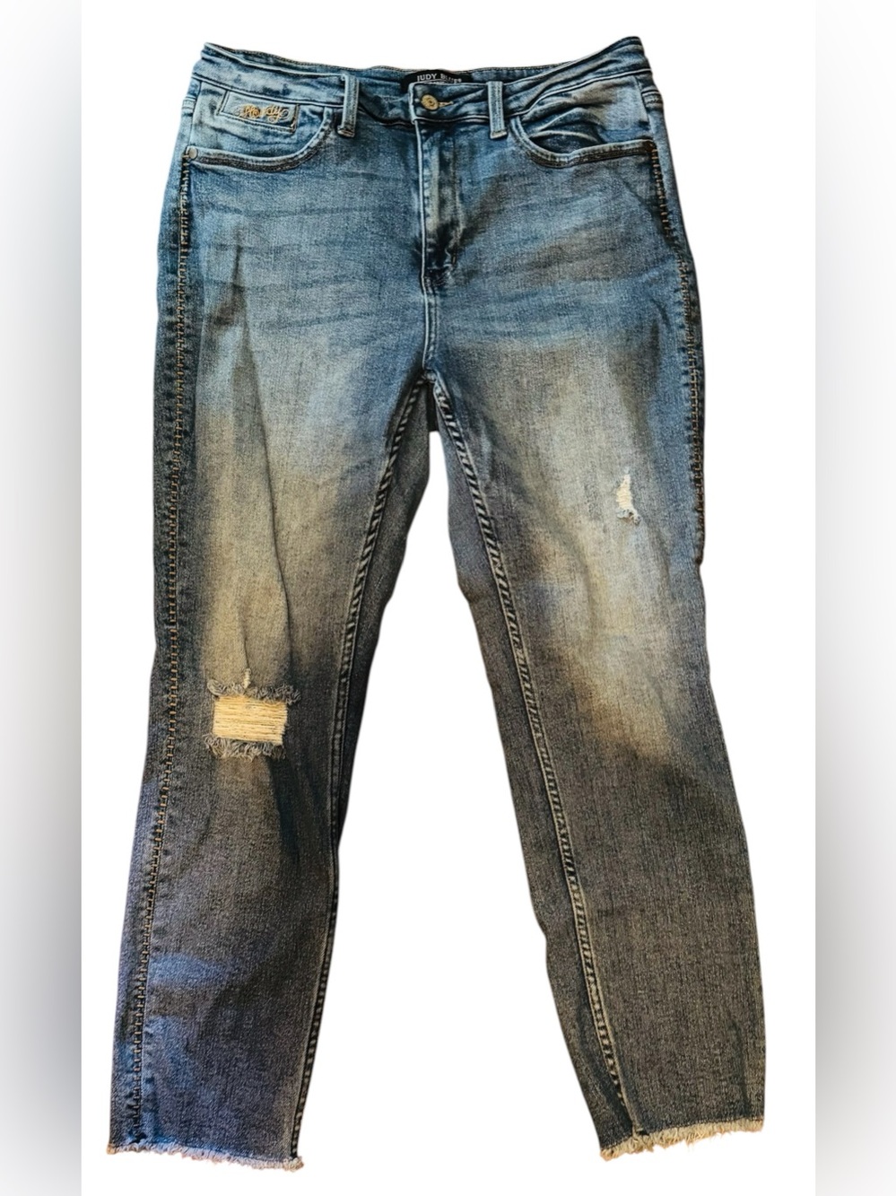 Judy Blue Boyfriend Jeans Distressed Frayed Howdy Rise 11.5" Ins 26" Size 15/32